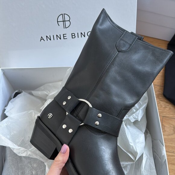 NWT Anine Bing Ryder Biker Boots Mid-Calf Shaft Metal Toe Cap Low Stack Heels 41 - Picture 4 of 9